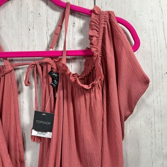 Topshop Cold Shoulder Ruffle V Neck Crinkle Light Pink Beachy Casual Romper - Picture 4 of 16